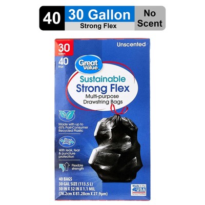 Sustainable Strong Multi-Purpose Drawstring Bags, 30 Gallon, 40 Count