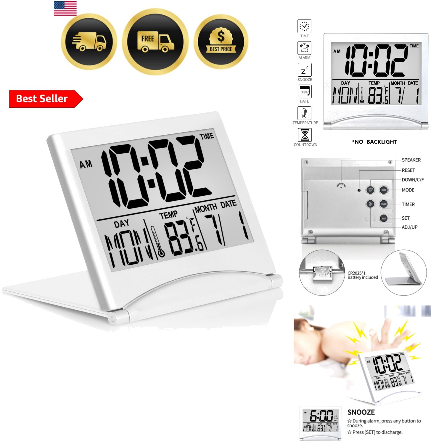 Digital Travel Alarm Clock - Foldable Calendar Temperature Timer LCD Clock wi...