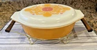 VTG PYREX Seville Orange Oval 2.5 Qt Casserole Dish w/Lid /Warming Stand/Candles