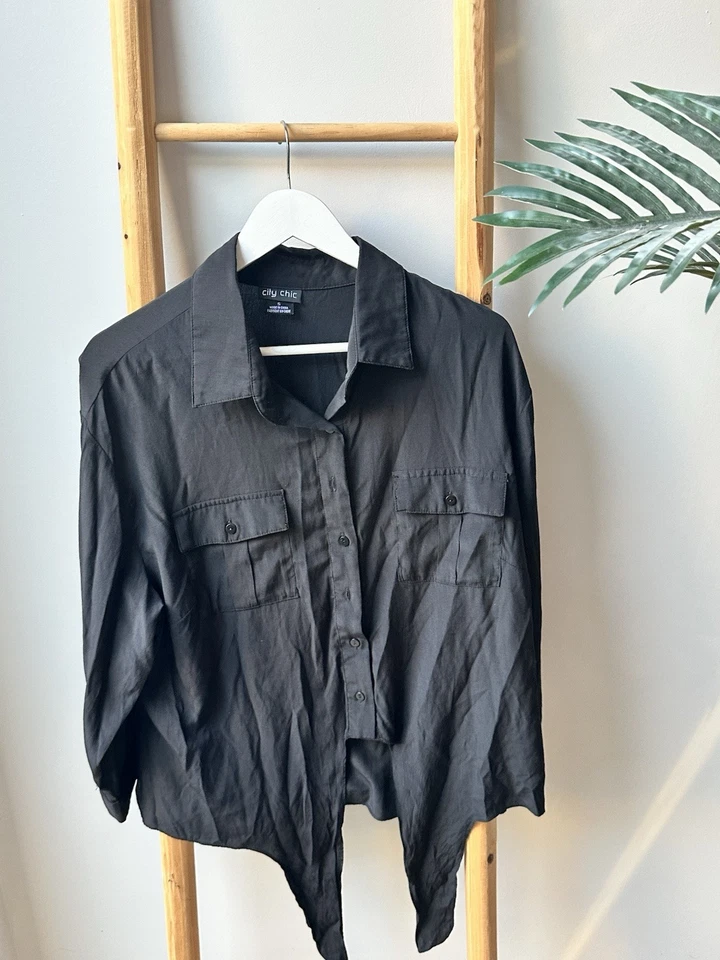 City Chic Black Tie Front Long Sleeve Blouse Button Up Shirt Plus Size 16 S Top