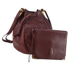 CARTIER Must Line Clutch Bag Leather 2 Set Bordeaux Gold Auth bs30815