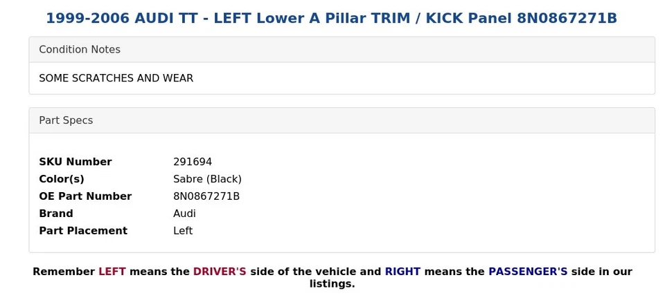 1999-2006 AUDI TT - Painel inferior esquerdo do pilar A TRIM/KICK 8N0867271B - Imagem 4 de 4