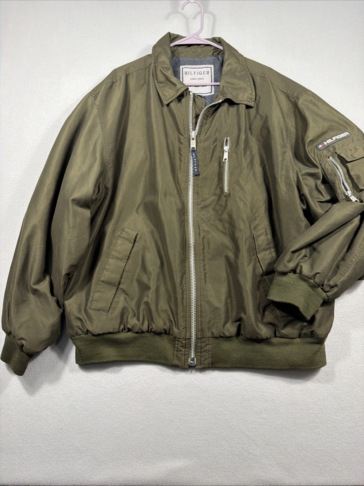 Tommy Hilfiger Jacket Men's 2XL Green Bomber Naval Issue Patch Pockets Zippers