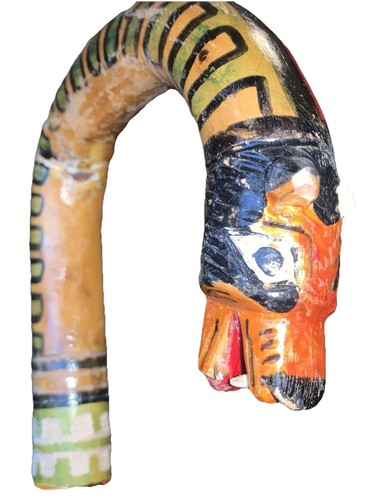 Carved 37 1/2" Multi Colors Dog Head, Bird and Two Indian Warriors