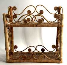 VTG Bohemian-Style Rattan Wicker 2 Tiered Wall Shelf Bentwood Scroll Accents
