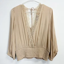 Dolan Blouse Womens Large Beige Stretch VNeck Lace Trim Tie Back Top