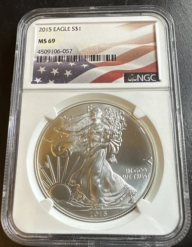 2015 Silver Eagle Coin $1 NGC MS69 American Flag Label 