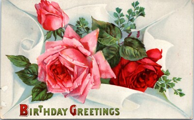 Postcard Birthday Greetings - pink and red rose 4 bar cancel 1913 NH