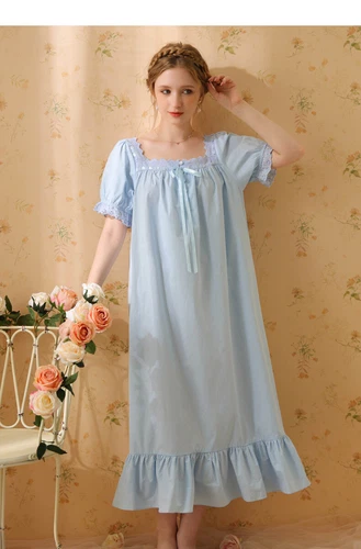 Damen Baumwolle Nachthemd Kurzarm eckiger Ausschnitt Pyjama Schlafkleid - Bild 17 von 34