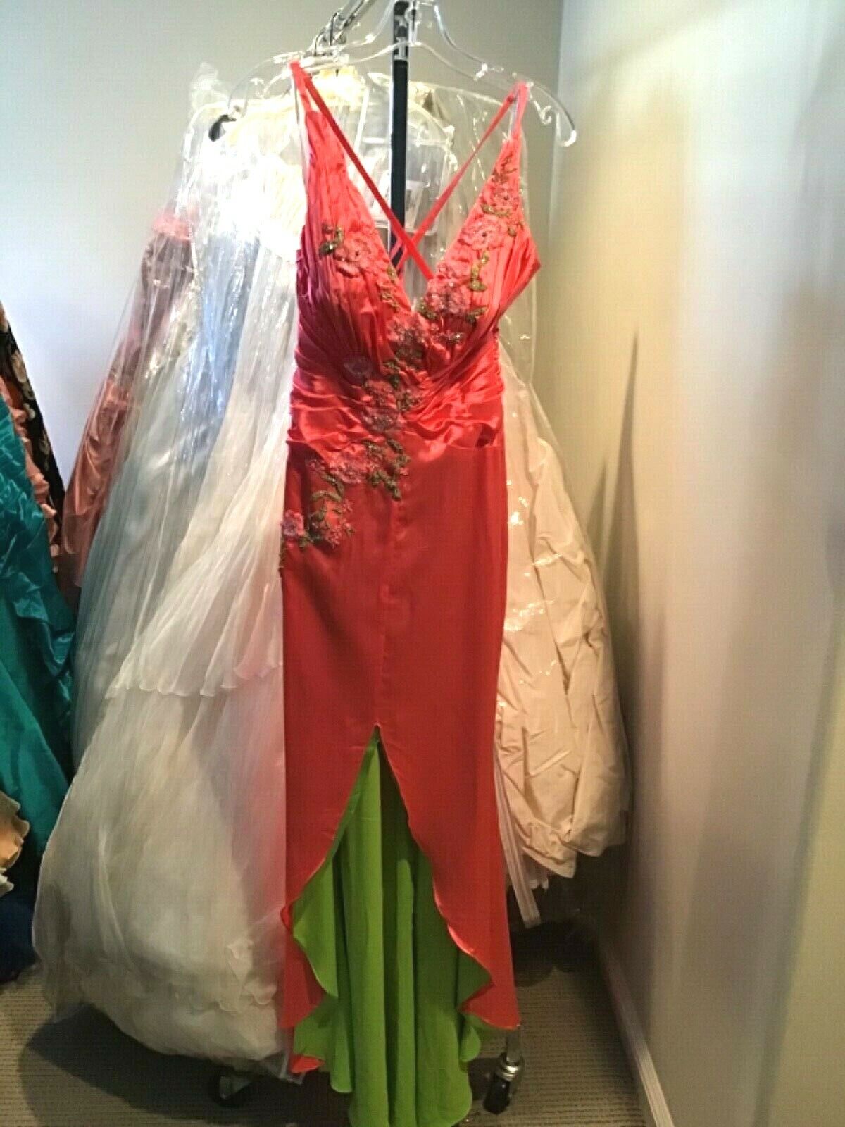 NWT Cassandra Stone prom evening party formal coral/lime embroidered dress 2
