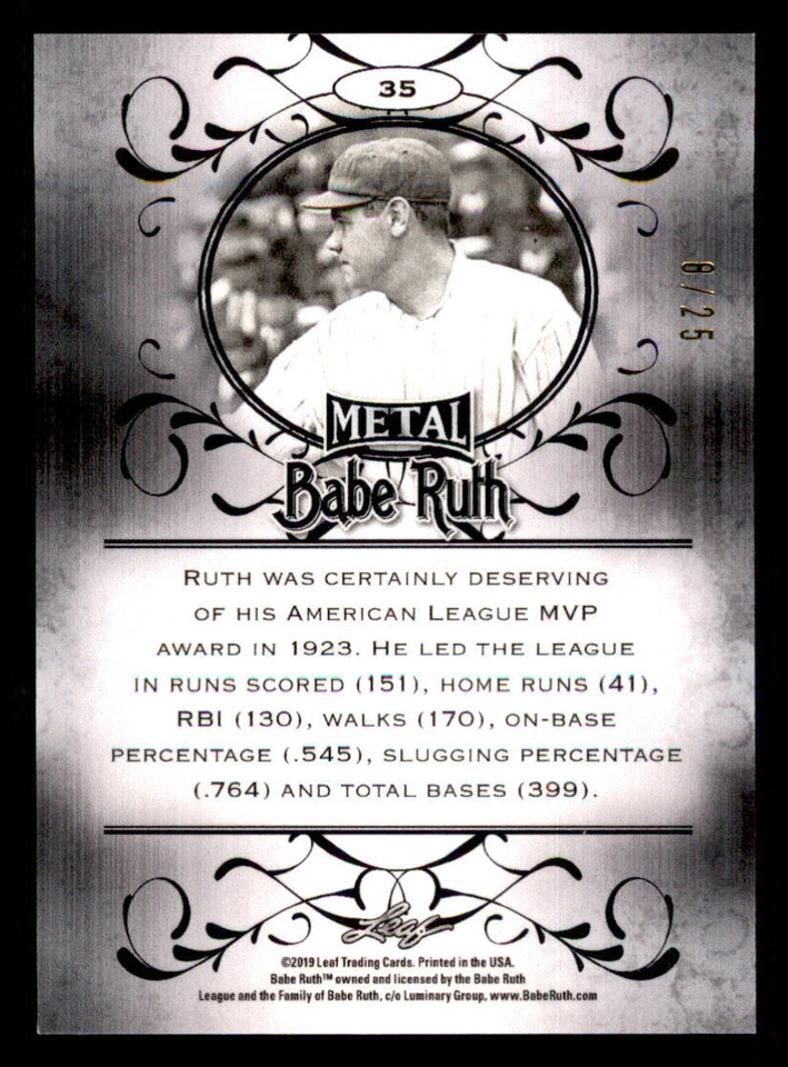 2019 Leaf Metal Babe Ruth Collection Purple #35 Babe Ruth /25 - Image 2 of 2