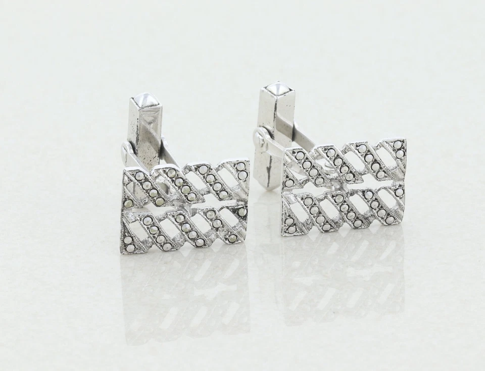 Gemelos vintage de plata esterlina con espalda de bala de marcasita para hombre Foto 2 de 4