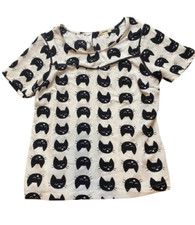Camisa Meraki Mujer XL Negra Blanca AOP Gatito Gato Spandex Elastizada Ojo de Cerradura Blusa