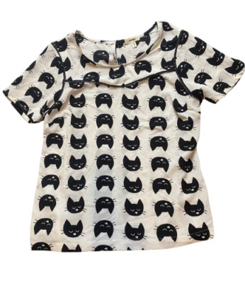 Meraki Shirt Womens XL Black White AOP Kitty Cat Spandex Stretch Keyhole Blouse