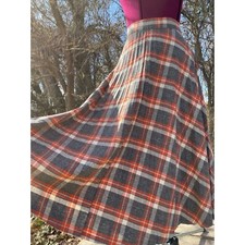 Vintage 1970s Wool Blend Plaid Pleated Skirt Gray Orange Size M