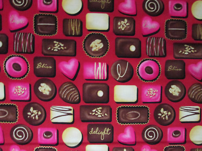 CHOCOLATE CANDY BOXED CANDIES METALLIC GOLD RED COTTON FABRIC BTHY