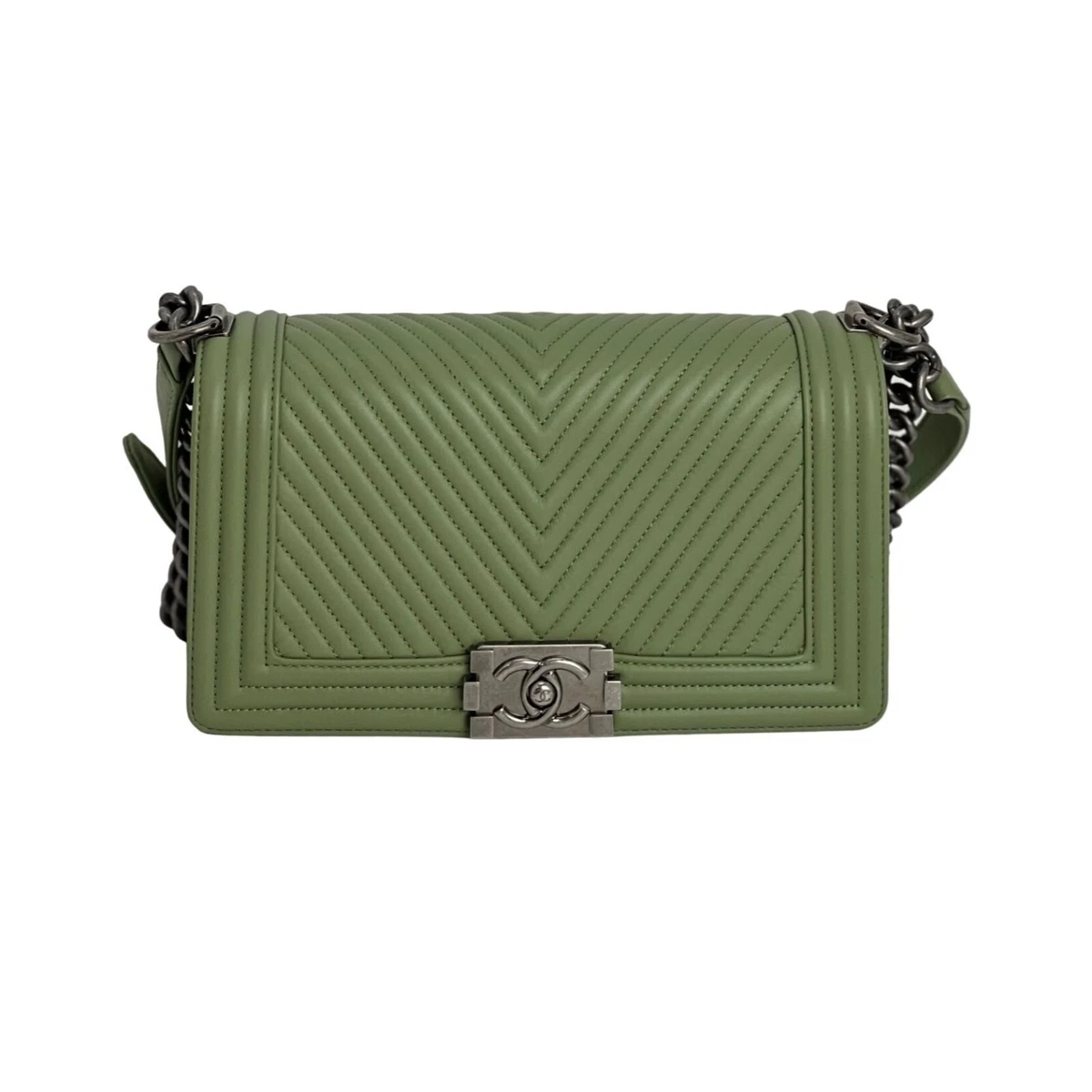 Chanel Light Green Chevron Quilted Calfskin Medium Boy Bag