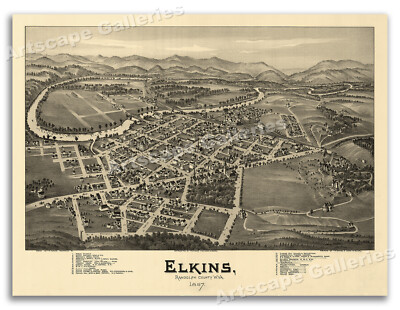Bird's Eye View 1897 Elkins West Virginia Vintage Style City Map - 18x24
