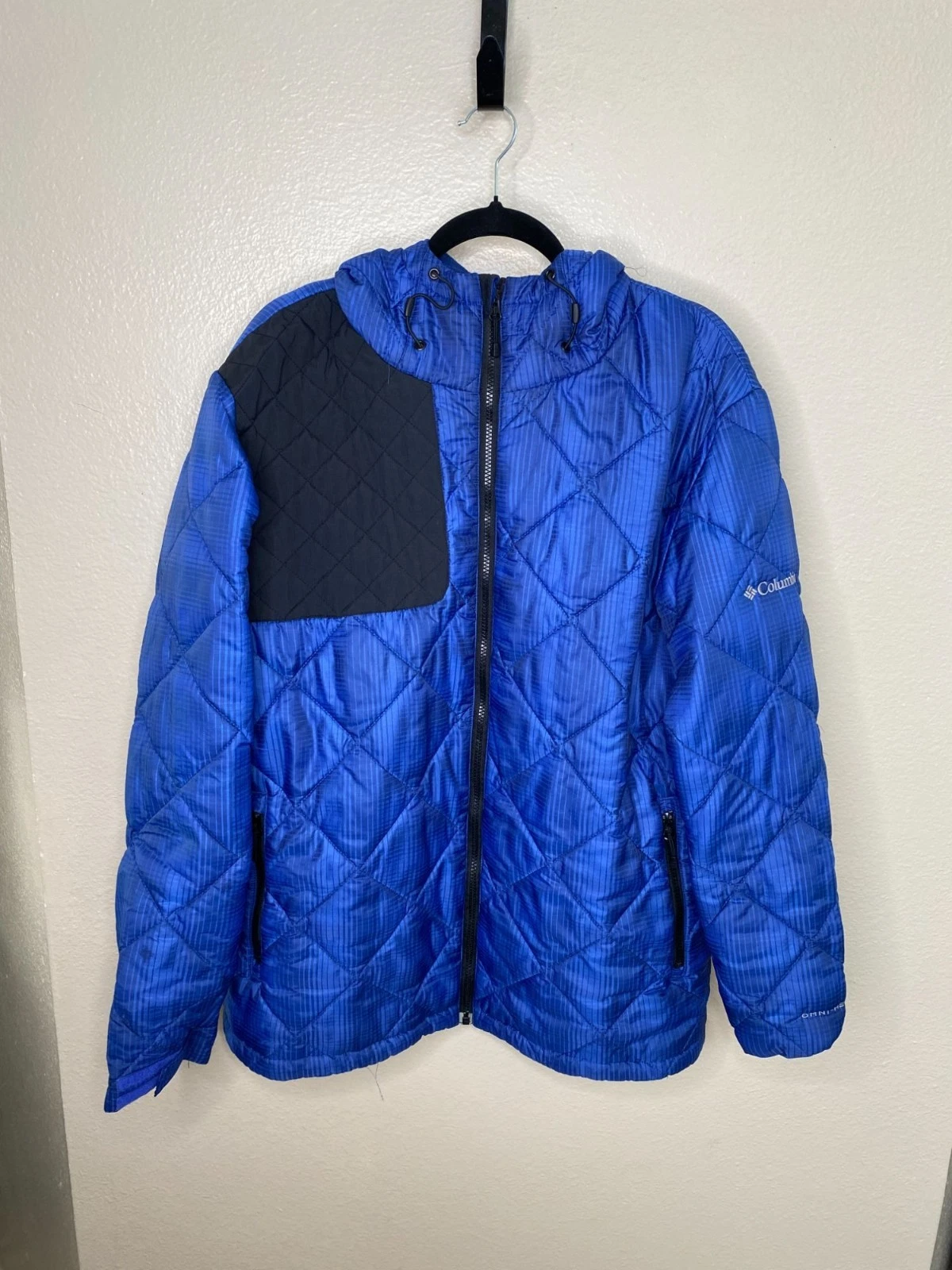 Columbia Mens Blue Hooded Quilted Jacket XL Water-Resistant Winter Coat Nylon