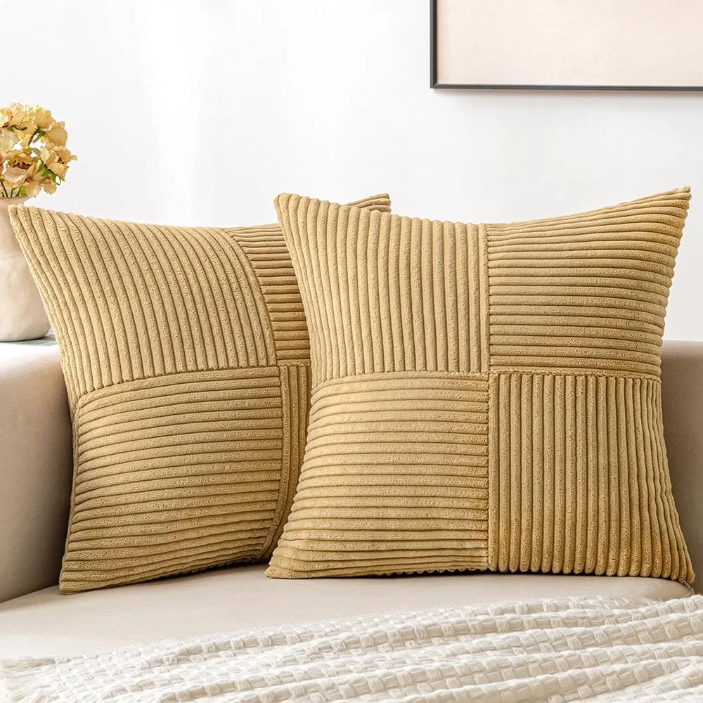 Khaki Corduroy Pillow Covers Pack of 2 Boho Decorative Spliced Throw Pillow Cove