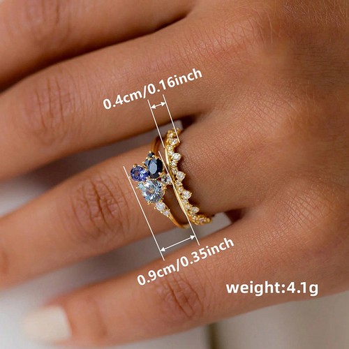 Juego de 2 anillos enchapados en oro amarillo de moda de circonitas cúbicas para boda para mujer - Imagen 5 de 9