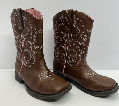 Wonder Nation Youth Girl's Brown Square Toe Western Cowboy Boot Shoes Size 13 US
