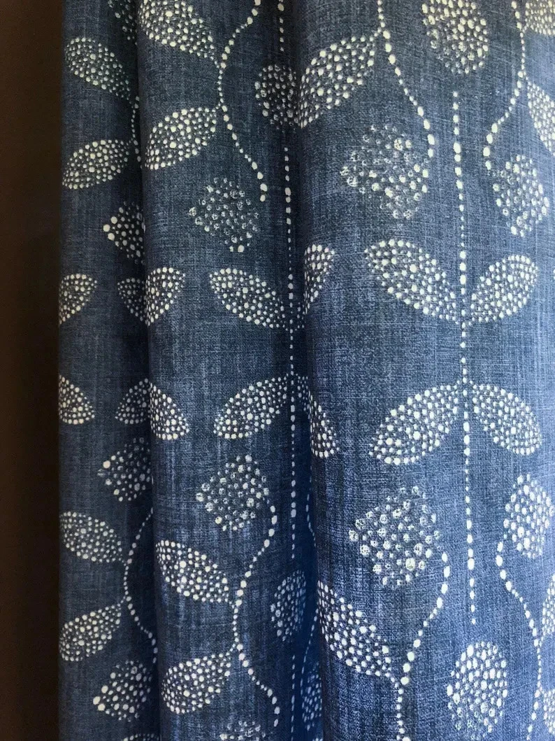 Curtains Made in USA, Italian Denim Blue Boho Floral, Medium Weight Cotton Slub