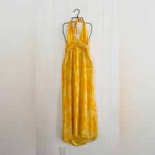Alice + Olivia 100% Silk Yellow Halter Maxi Dress Floral Leaf Print XS Tropical