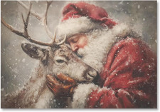 Vintage Santa and Reindeer Painting Poster Classic Christmas Canvas Wall Art Sno