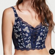 Victoria s Secret Dream Angels Corset Bra Size Medium Navy Blue Floral Lace Top