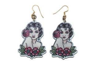 Authentic Tattoo Lady Acrylic Earrings Gold Plated Silver Hook (38x49mm)