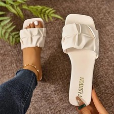 Solid Color Pleated Square Toe Flat Slippers