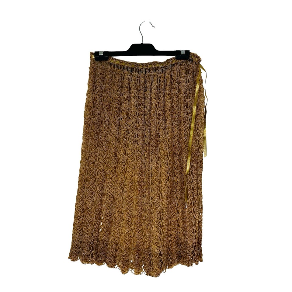 Women’s Brown Solid Knit A-Line Midi Skirt Elastic Waist Tie Closure