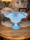 Vintage Fenton Blue Milk Marble Glass Hobnail Pedestal Bowl Ruffled