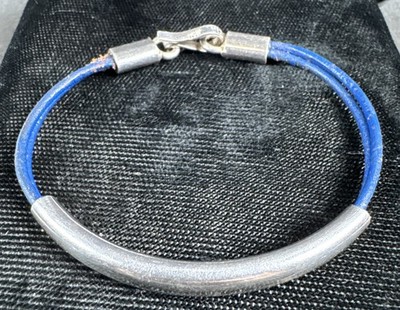  Vintage 950 Sterling Silver Escorcia Mexico Blue Leather Bracelet 7.5  