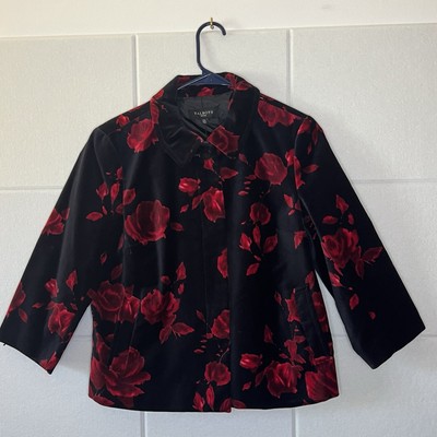 TALBOTS Black Red Velvet Rose Floral Jacket Blazer Top Size 12 P