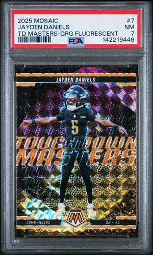 2025 PANINI MOSAIC TOUCHDOWN MASTERS ORANGE FLUORESCENT #7 JAYDEN DANIELS PSA 7