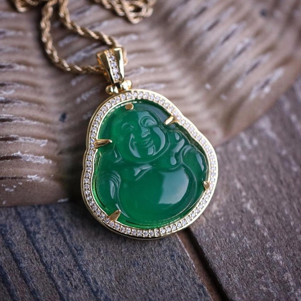 Alternate view of 14k Gold Plated Green Jade Buddha Pendant Necklace With Lab Simulated Diamonds
