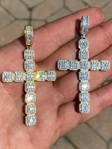 Authentic Mens 925 Sterling Baguette CZ Cross Pendant Iced Gold Plated Silver Necklace BIG