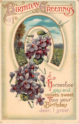Horseshoe Framing Rural Home Scene by Lovely Violets on Old EAS Birthday PC