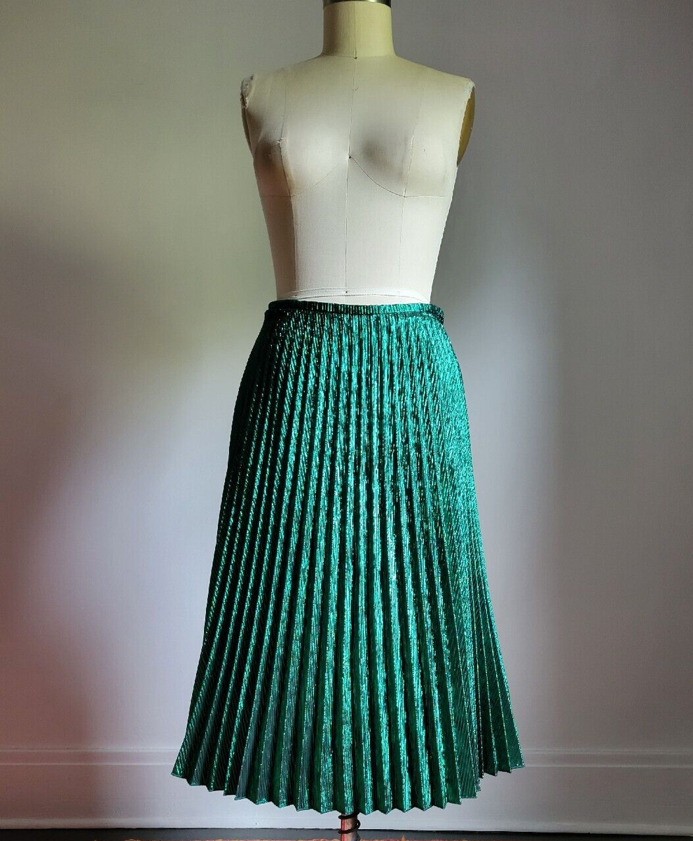 WORTH New York EMERALD GREEN METALLIC MICRO PLEATED CHRISTMAS