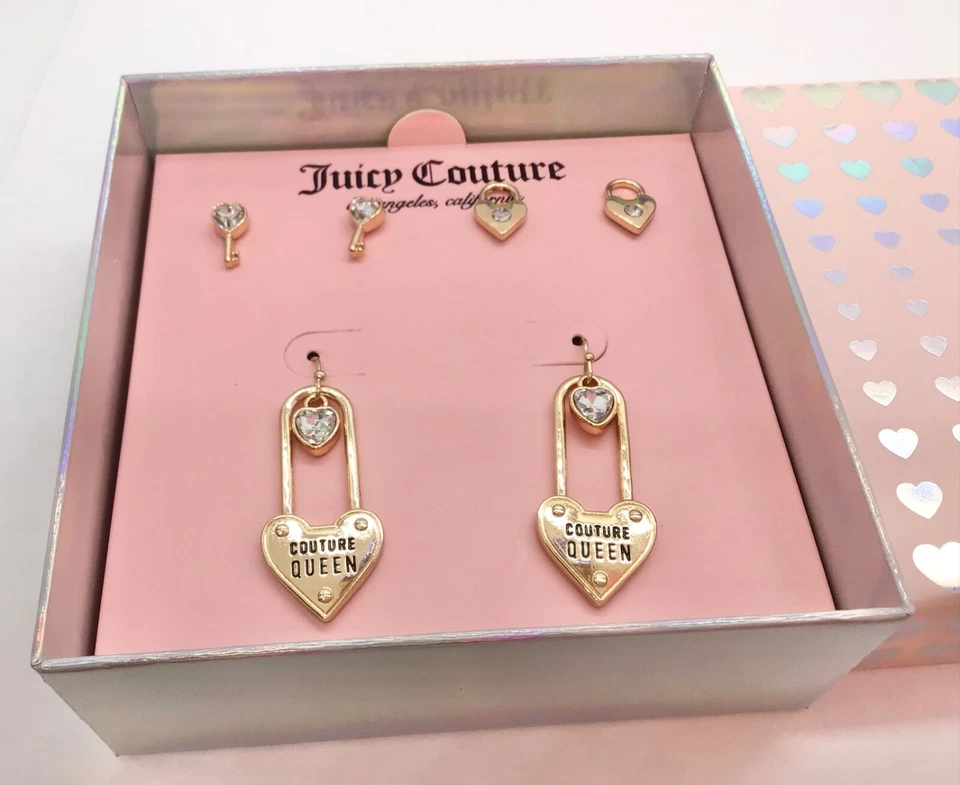 Nuevo Juicy Couture Vidrio Cristal Candado Corazón Gancho Aretes Conjunto 3 Foto 4 de 4