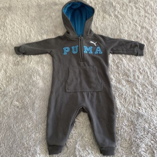 Puma One Piece Sweatsuit Baby 3-6 Months Gray Snaps Hooded Kangaroo Pocket - Picture 1 of 13