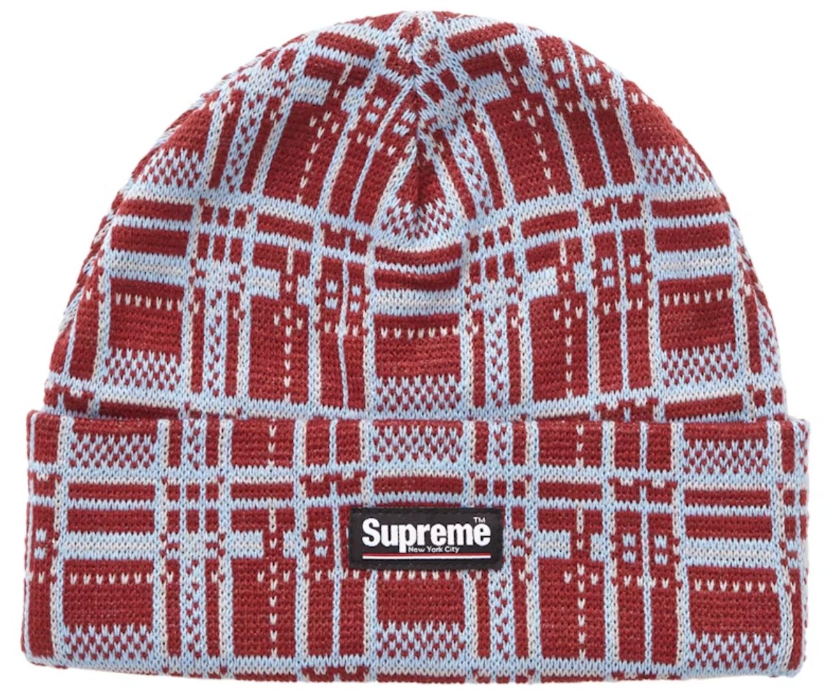 SUPREME Plaid Beanie Burgundy OS Winter Hat FW18 BRAND NEW 