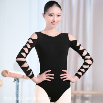 Women Gymnastic Ballet Dance Leotard Long Sleeve Bodysuit Dancewear Open Back