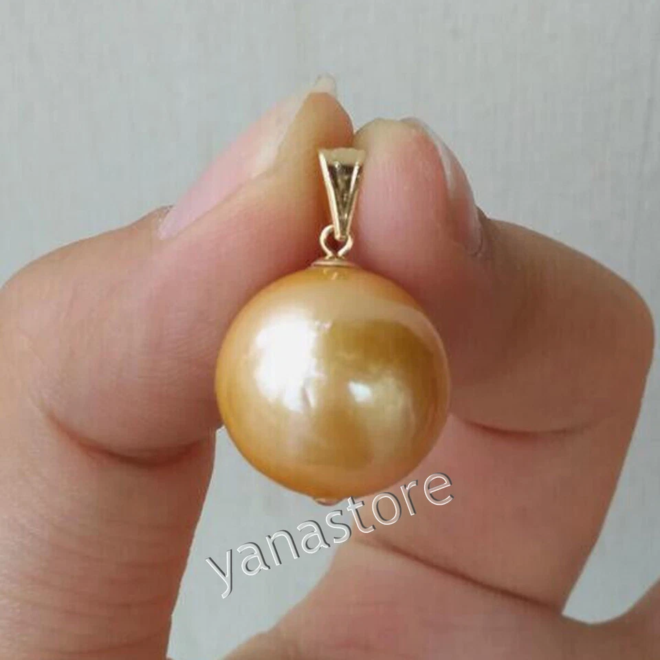 Riesig 13-14mm Echte Natürlich Südsee Perfekt Rund Gelb Perle Anhänger 14k Gold - Bild 2 von 4