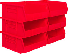 Stackable Storage Bins 6 Pack 11x11x5" Plastic Garage Pantry Craft Red