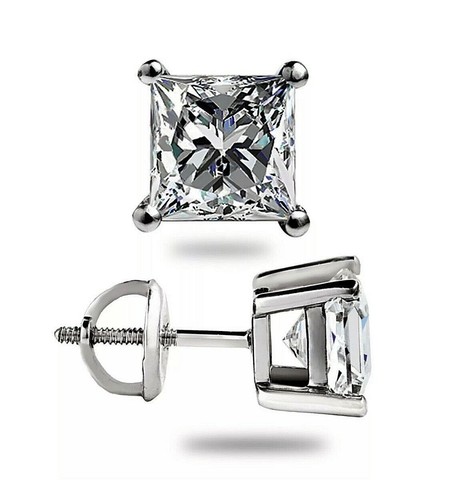 Boucles d'oreilles clous 4 ct coupe princesse création laboratoire vis dos finition or blanc 14 carats - Photo 2/3