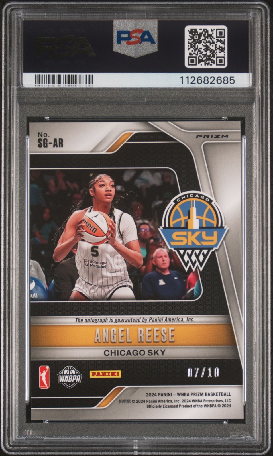 2024 Panini WNBA Prizm Angel Reese #SG-AR Signatures Gold 7/10 Auto RC Sky PSA 9 view 2