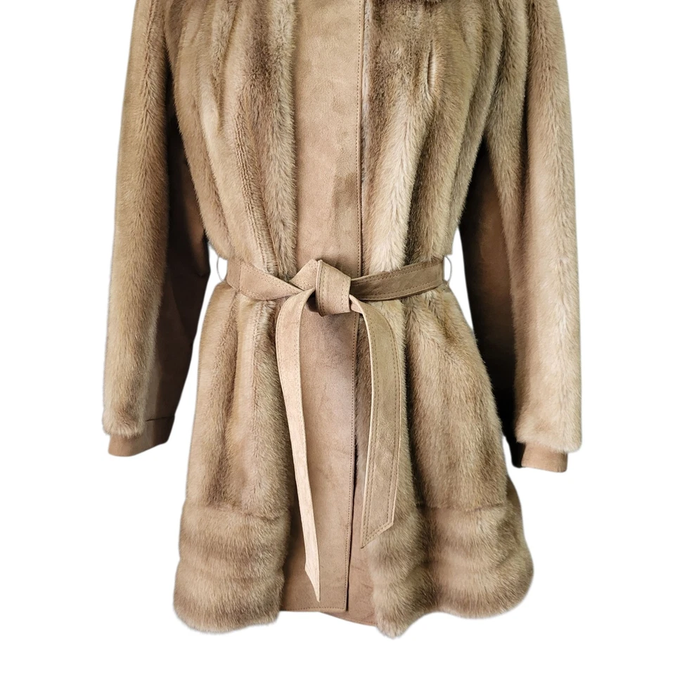 Vtg 70s Lilli Ann Coat Sz M? Tan Faux Fur Suede Leather Trim Belted Mod Mobwife - Image 3 of 4